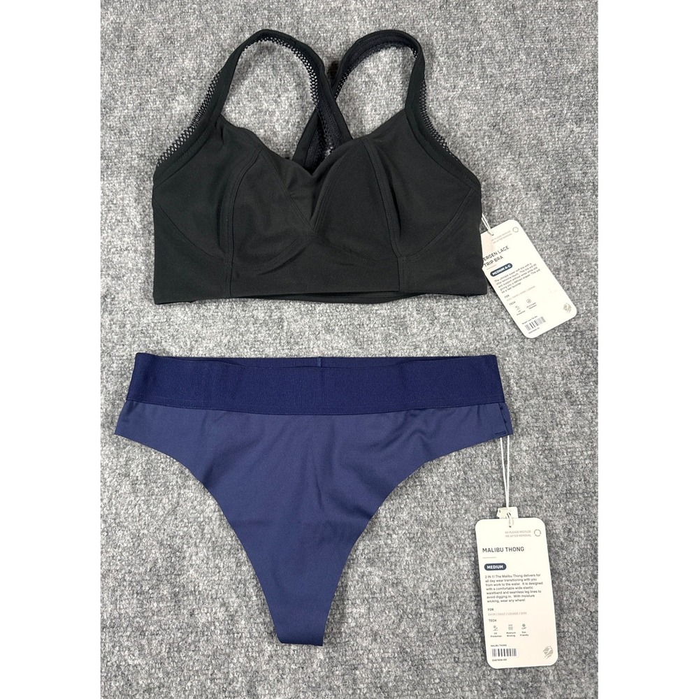 Phoenix Bergen Lace Trip Bra and Malibu Thong Set Black Navy Medium NWT